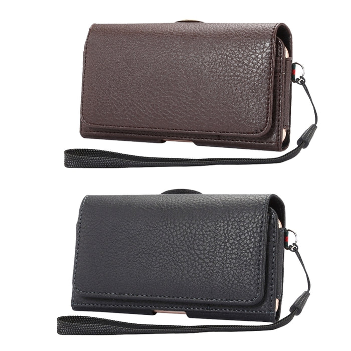 Funda / riñonera universal de cuero PU con textura de litchi vertical con tapa vertical y férula trasera y ranuras para tarjetas y cordón de 15 cm para iPhone 8, 7, 6s y 6, Galaxy SIV y SIII, Xiaomi Redmi 3 y 3X, tamaño: 14,3 x 7,5 x 1,5 cm