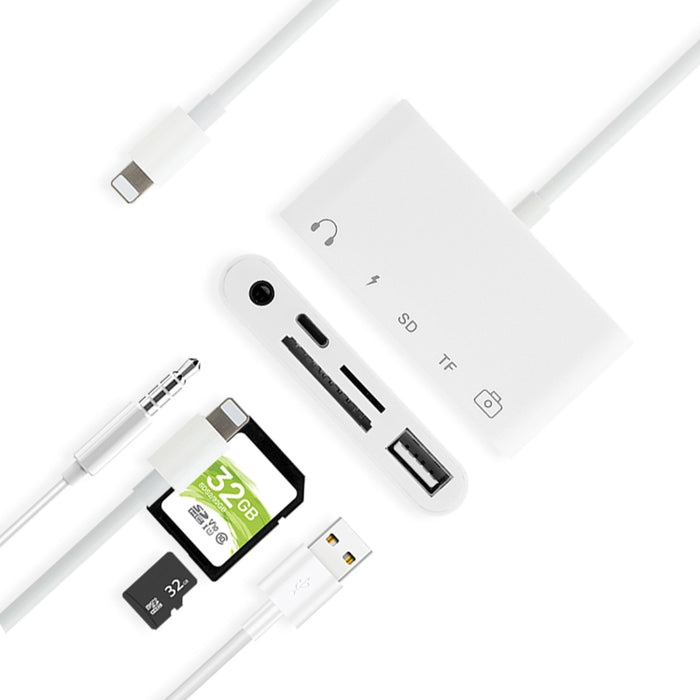 5 en 1 8 pines a HUB USB y USB-C / Type-C y auriculares de 3,5 mm y lector de tarjetas SD y TF