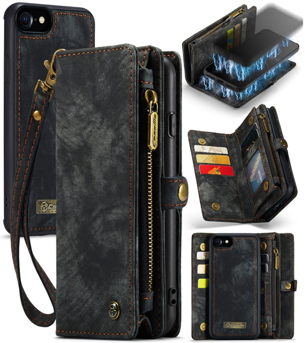CaseMe para iPhone 8 y 7 Cartera de cuero multifuncional con funda protectora trasera de PC magnética desmontable y soporte y 10 ranuras para tarjetas y 3 ranuras para efectivo y 1 billetera con cremallera y 2 marcos de fotos y 3 cierres magnéticos