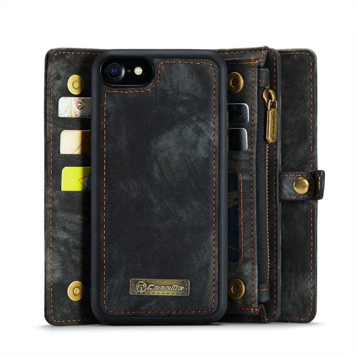 CaseMe para iPhone 8 y 7 Cartera de cuero multifuncional con funda protectora trasera de PC magnética desmontable y soporte y 10 ranuras para tarjetas y 3 ranuras para efectivo y 1 billetera con cremallera y 2 marcos de fotos y 3 cierres magnéticos