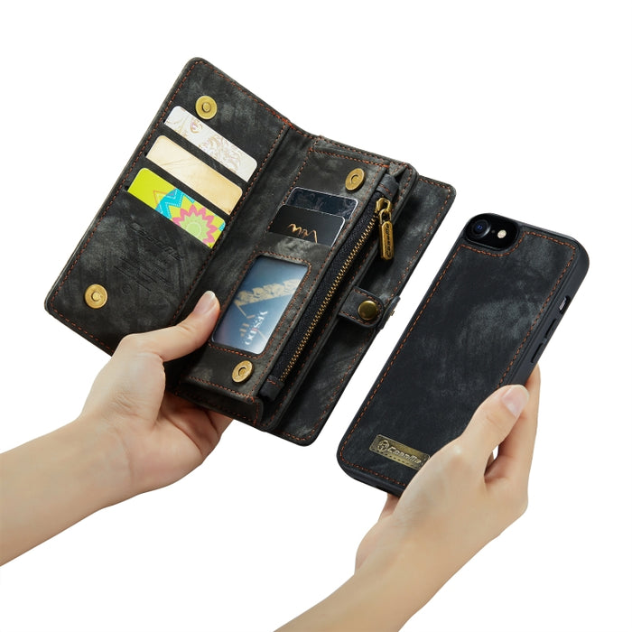 CaseMe para iPhone 8 y 7 Cartera de cuero multifuncional con funda protectora trasera de PC magnética desmontable y soporte y 10 ranuras para tarjetas y 3 ranuras para efectivo y 1 billetera con cremallera y 2 marcos de fotos y 3 cierres magnéticos