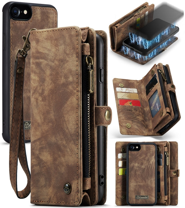 CaseMe para iPhone 8 y 7 Cartera de cuero multifuncional con funda protectora trasera de PC magnética desmontable y soporte y 10 ranuras para tarjetas y 3 ranuras para efectivo y 1 billetera con cremallera y 2 marcos de fotos y 3 cierres magnéticos