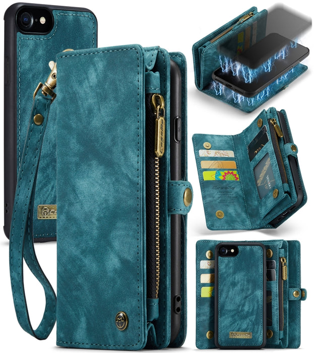 CaseMe para iPhone 8 y 7 Cartera de cuero multifuncional con funda protectora trasera de PC magnética desmontable y soporte y 10 ranuras para tarjetas y 3 ranuras para efectivo y 1 billetera con cremallera y 2 marcos de fotos y 3 cierres magnéticos