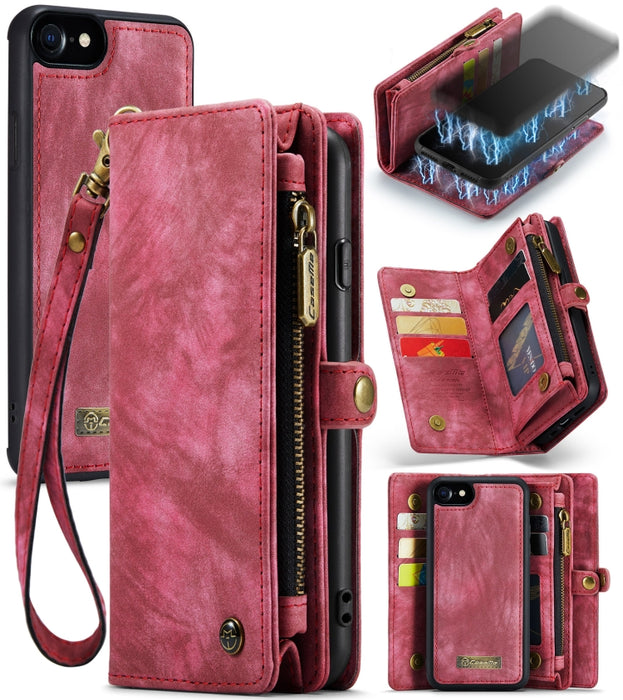 CaseMe para iPhone 8 y 7 Cartera de cuero multifuncional con funda protectora trasera de PC magnética desmontable y soporte y 10 ranuras para tarjetas y 3 ranuras para efectivo y 1 billetera con cremallera y 2 marcos de fotos y 3 cierres magnéticos
