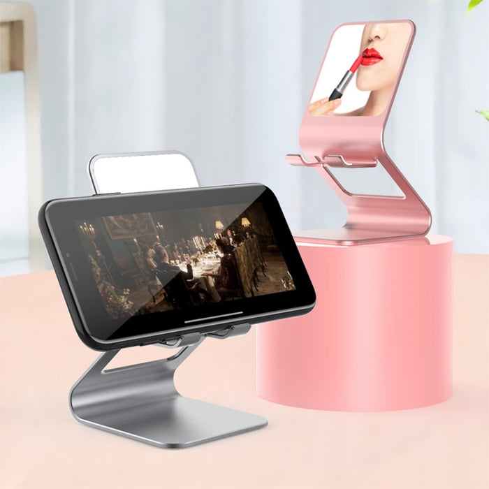 Soporte de escritorio de metal multifuncional universal para teléfono móvil/tableta PC con espejo de maquillaje