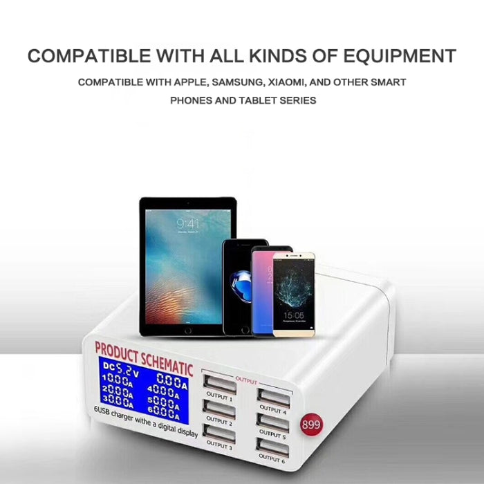 899 30W QC 3.0 Cargador rápido de 6 puertos USB con pantalla digital LCD, enchufe de la UE