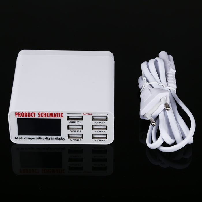 899 30W QC 3.0 Cargador rápido de 6 puertos USB con pantalla digital LCD, enchufe de la UE