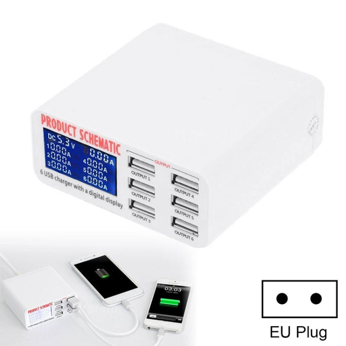 899 30W QC 3.0 Cargador rápido de 6 puertos USB con pantalla digital LCD, enchufe de la UE