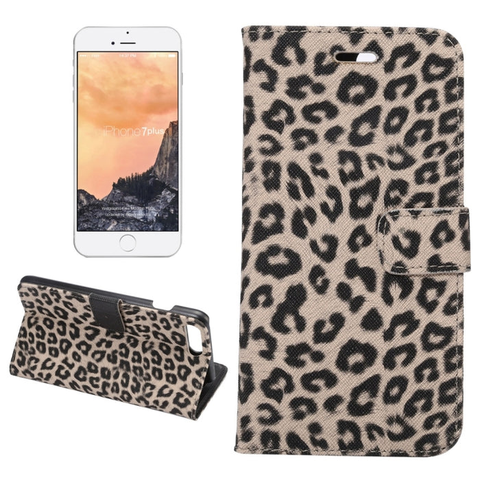 Para iPhone 8 Plus y 7 Plus Funda de cuero con tapa horizontal con textura de leopardo con soporte, ranuras para tarjetas y billetera
