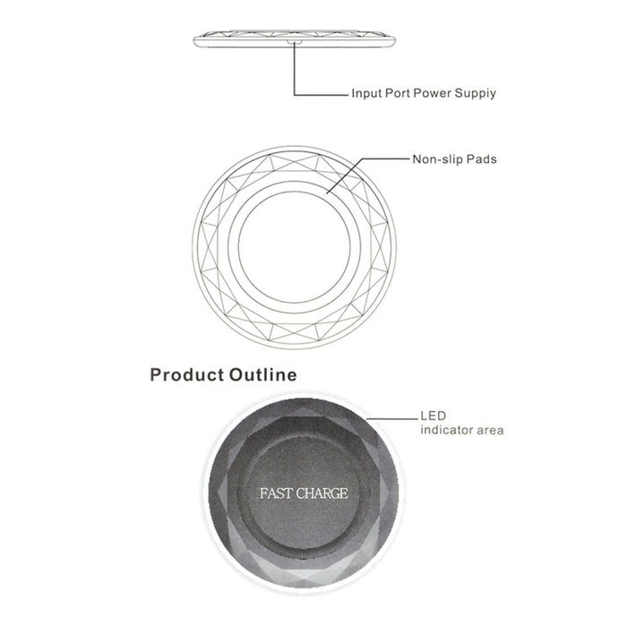 Cargador inalámbrico de carga rápida estándar Diamond Qi con entrada DC5V, longitud del cable: 1 m