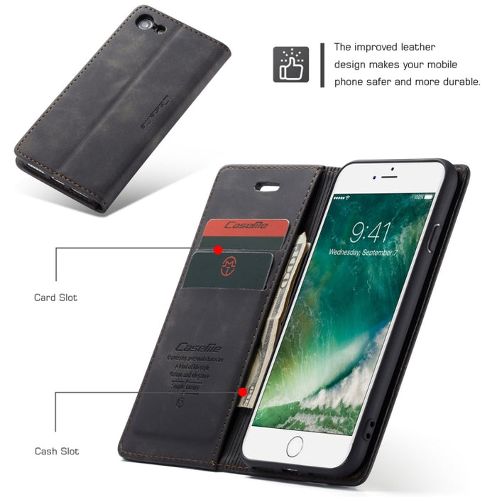 CaseMe-013 Funda de cuero con tapa horizontal esmerilada retro multifuncional para iPhone 7/8, con ranura para tarjeta, soporte y billetera