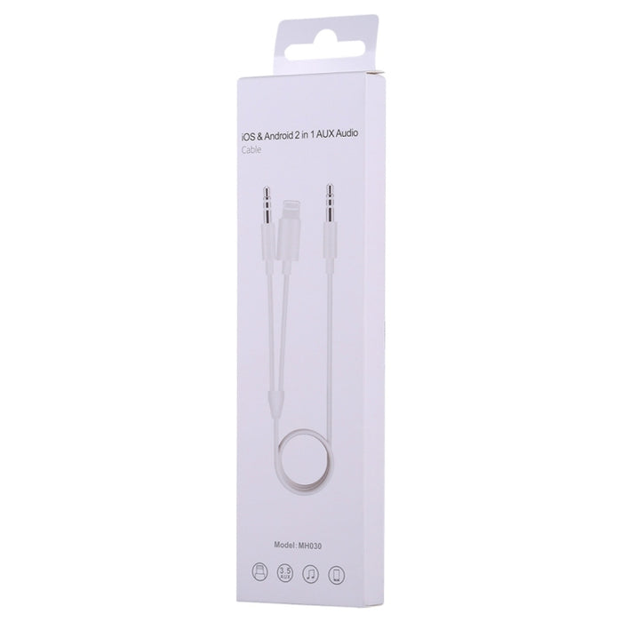 MH030 1m 2 en 1 Cable de audio auxiliar macho de 8 pines y macho de 3,5 mm a macho de 3,5 mm para iPhone, iPad, Samsung, Huawei, Xiaomi, HTC