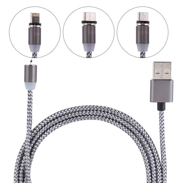 Cable de carga de sincronización de datos tejido de 1,05 m, 8 pines + Micro USB + USB-C / Type-C a USB con indicador LED