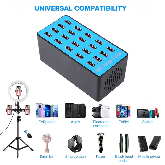 WLX-A5+ 100W 20 puertos USB Estación de carga Cargador inteligente asignado automáticamente con indicador LED de encendido, enchufe de la UE