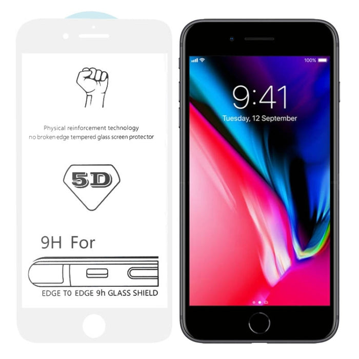 Para iPhone 8/7 9H 5D Película de vidrio templado de pantalla completa con pegamento completo blanco