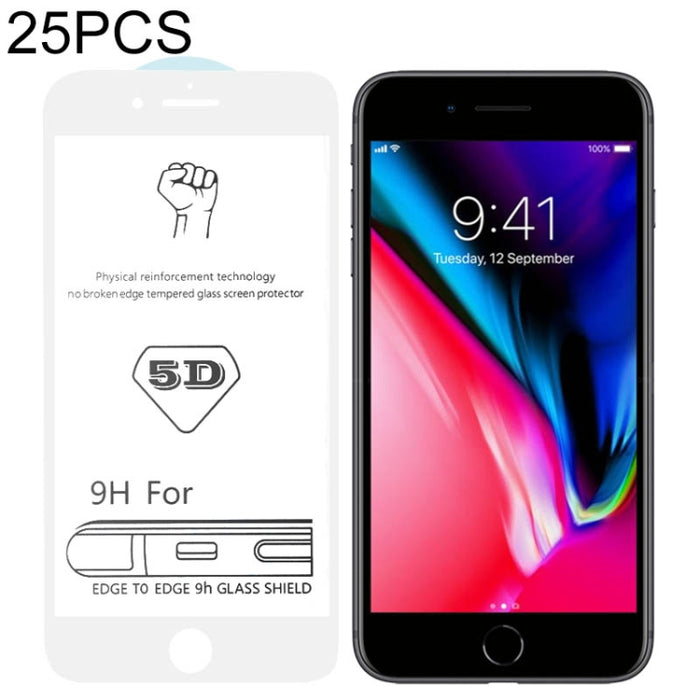 25 PCS 9H 5D Película de vidrio templado de pantalla completa con pegamento completo blanco para iPhone 8/7