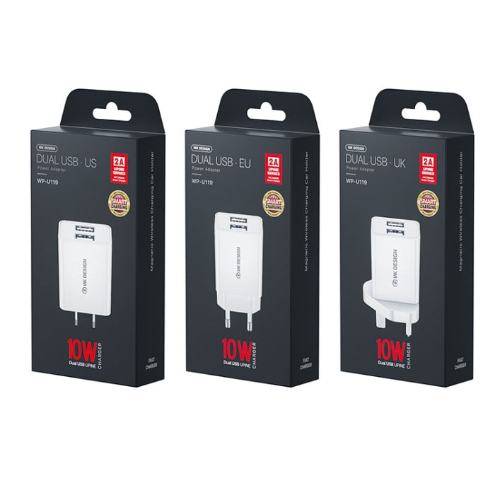 WK WP-U119 Adaptador de corriente para cargador de viaje con dos puertos USB de 10 W, enchufe de EE. UU.
