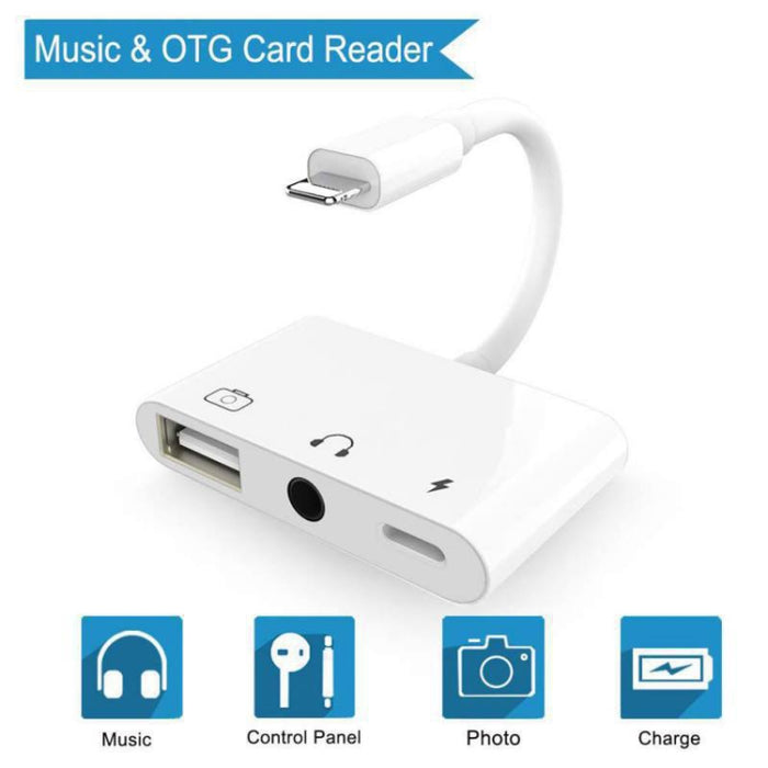 Adaptador multifunción 3 en 1 de 8 pines + 3,5 mm + USB 3.0 OTG a 8 pines macho, carga rápida, música, audio y lectura de tarjetas