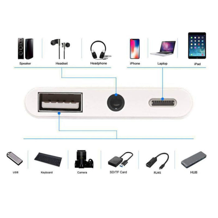 Adaptador multifunción 3 en 1 de 8 pines + 3,5 mm + USB 3.0 OTG a 8 pines macho, carga rápida, música, audio y lectura de tarjetas