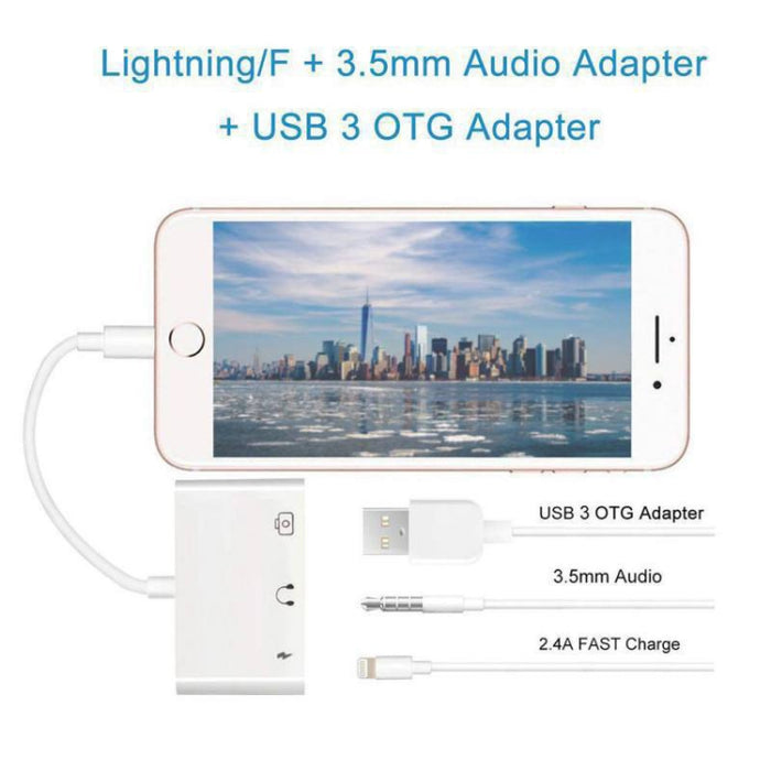 Adaptador multifunción 3 en 1 de 8 pines + 3,5 mm + USB 3.0 OTG a 8 pines macho, carga rápida, música, audio y lectura de tarjetas