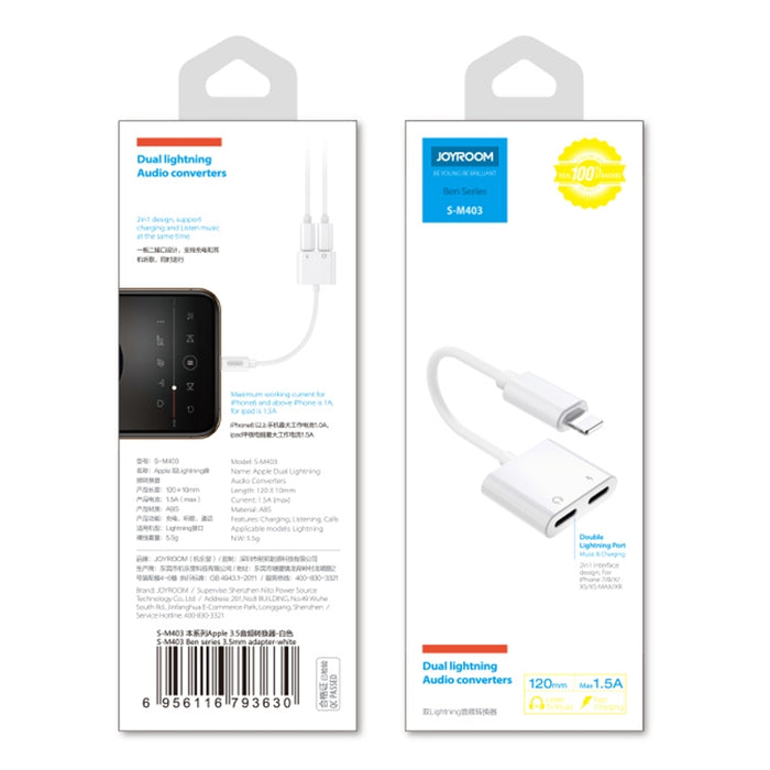 JOYROOM S-Y104 Adaptador Lightning Apple 3.5+ Serie Ben, Longitud: 1,2 m