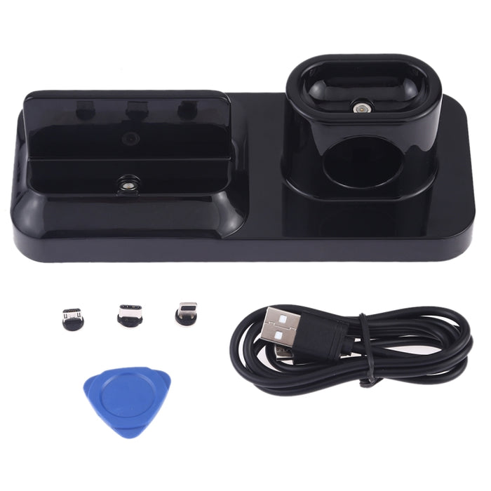 Soporte de estación de carga de base recargable inalámbrica para teléfono móvil y auriculares, con interfaz Micro USB + USB-C / Type-C + 8 pines
