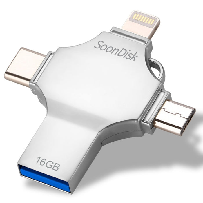 Unidad flash de doble uso 4 en 1 de 16 GB USB 3.0 + 8 pines + Mirco USB + USB-C / Type-C con función OTG