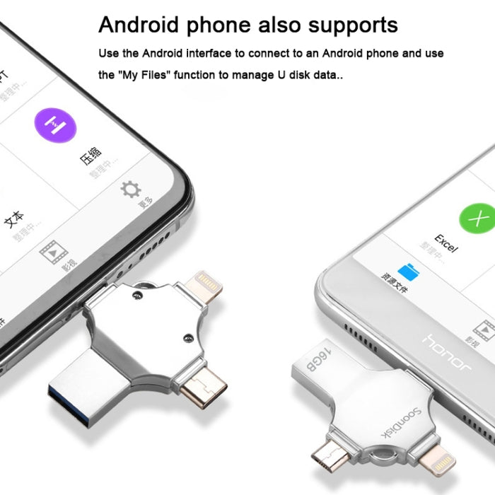 Unidad flash de doble uso 4 en 1 de 16 GB USB 3.0 + 8 pines + Mirco USB + USB-C / Type-C con función OTG