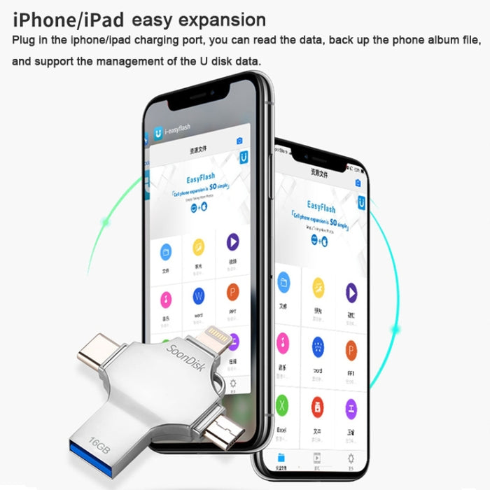 Unidad flash de doble uso 4 en 1 de 16 GB USB 3.0 + 8 pines + Mirco USB + USB-C / Type-C con función OTG