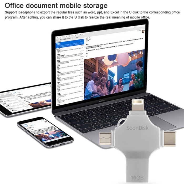 Unidad flash de doble uso 4 en 1 de 16 GB USB 3.0 + 8 pines + Mirco USB + USB-C / Type-C con función OTG