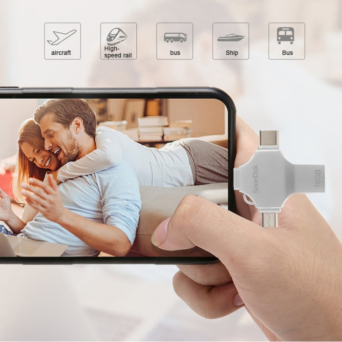 Unidad flash de doble uso 4 en 1 de 16 GB USB 3.0 + 8 pines + Mirco USB + USB-C / Type-C con función OTG
