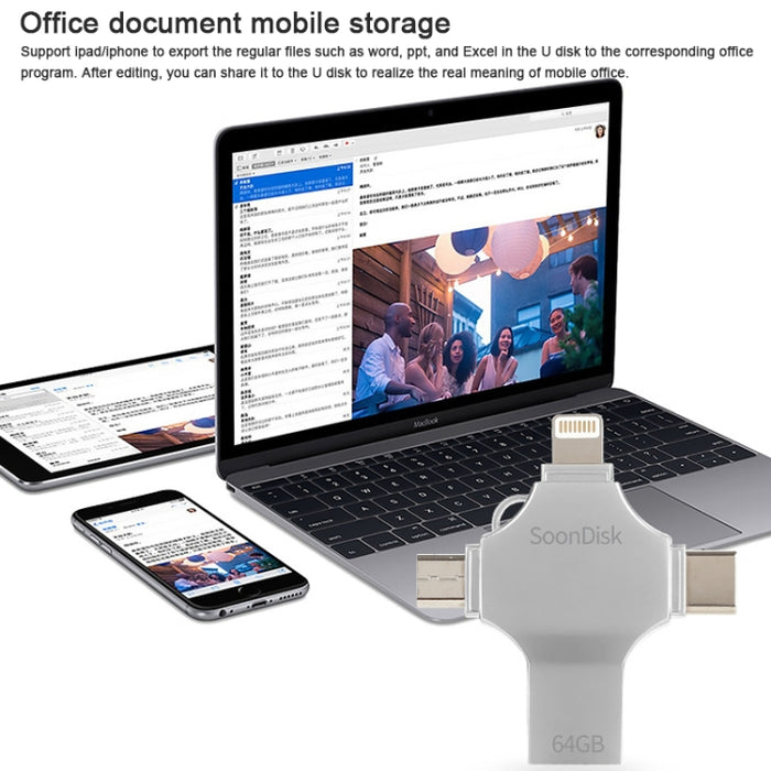 Unidad flash de doble uso 4 en 1 de 64 GB USB 3.0 + 8 pines + Mirco USB + USB-C / Type-C con función OTG