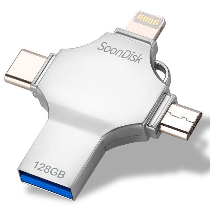 4 en 1 128 GB USB 3.0 + 8 pines + Mirco USB + USB-C / Type-C Unidad flash de doble uso con función OTG