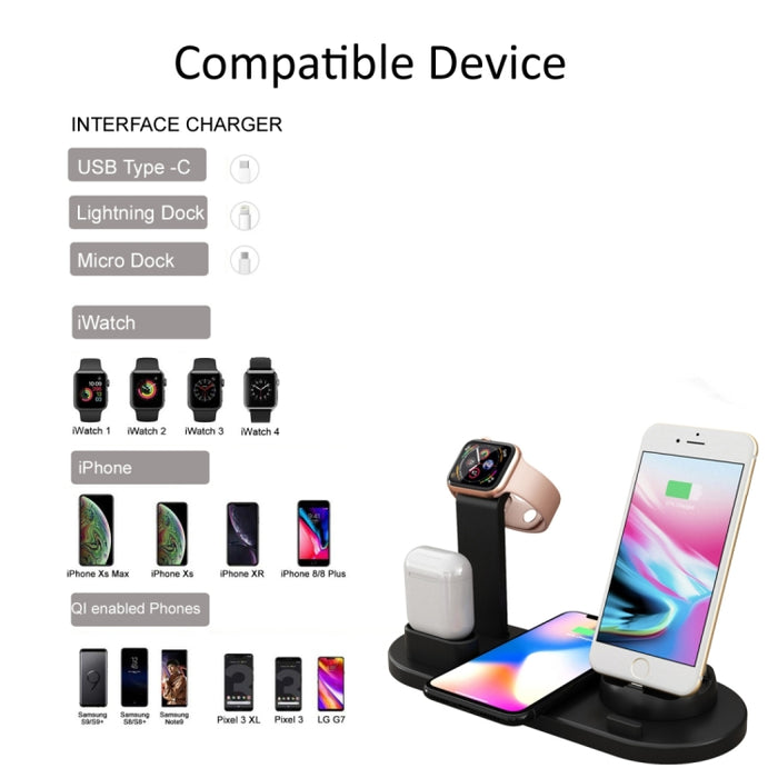 HQ-UD15 5 en 1 8 pines + Micro USB + Interfaces USB-C / Type-C + Interfaz de carga de auriculares de 8 pines + Base de carga inalámbrica con soporte para reloj (Blanco)