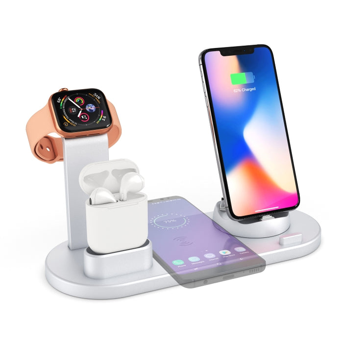 HQ-UD15 5 en 1 8 pines + Micro USB + Interfaces USB-C / Type-C + Interfaz de carga de auriculares de 8 pines + Base de carga inalámbrica con soporte para reloj (Blanco)