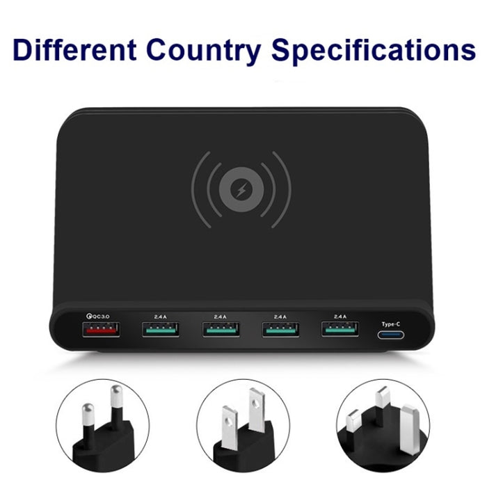 Interfaz USB 828W 7 en 1 60W QC 3.0 + 4 puertos USB + Interfaz USB-C / Tipo-C + Cargador multifunción de carga inalámbrica con función de soporte para teléfono móvil, enchufe AU