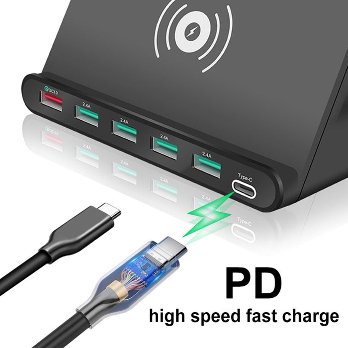 Interfaz USB 828W 7 en 1 60W QC 3.0 + 4 puertos USB + Interfaz USB-C / Tipo-C + Cargador multifunción de carga inalámbrica con función de soporte para teléfono móvil, enchufe AU