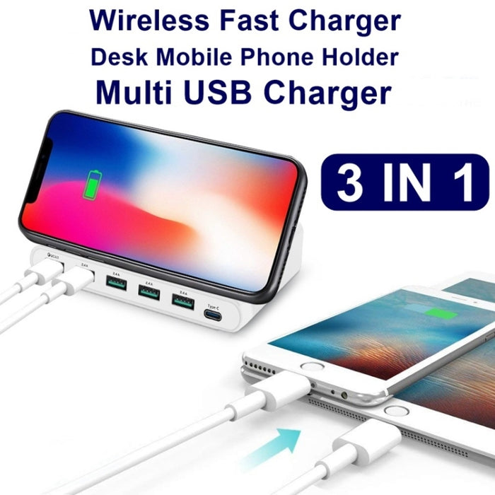 Interfaz USB 828W 7 en 1 60W QC 3.0 + 4 puertos USB + Interfaz USB-C / Tipo-C + Cargador multifunción de carga inalámbrica con función de soporte para teléfono móvil, enchufe AU
