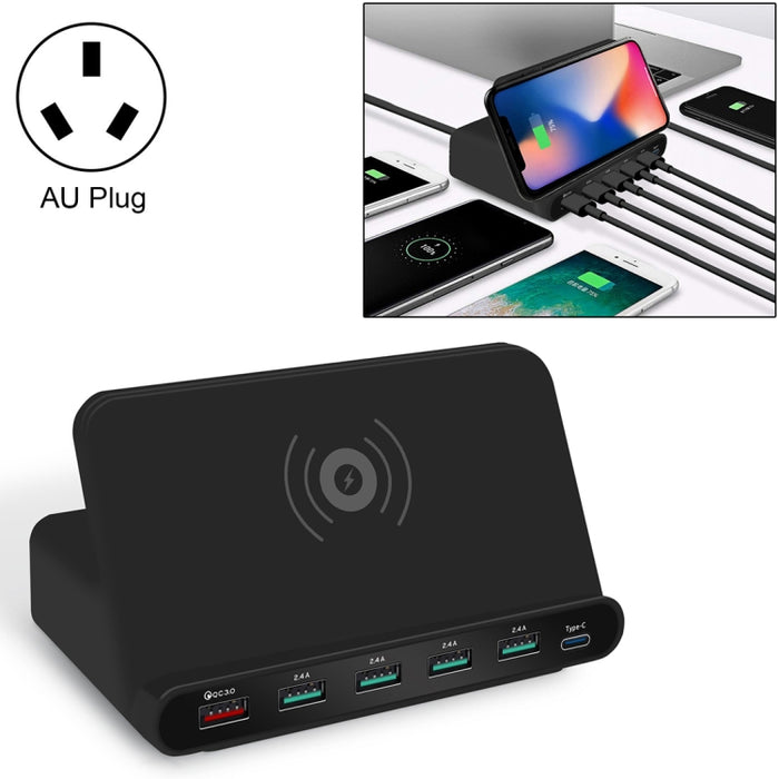 Interfaz USB 828W 7 en 1 60W QC 3.0 + 4 puertos USB + Interfaz USB-C / Tipo-C + Cargador multifunción de carga inalámbrica con función de soporte para teléfono móvil, enchufe AU