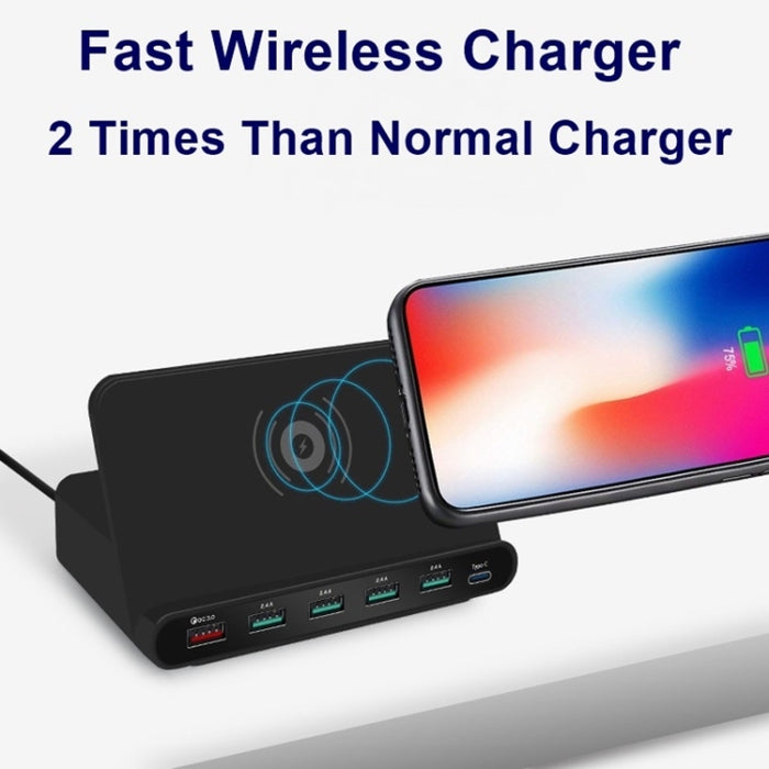 Interfaz USB 828W 7 en 1 60W QC 3.0 + 4 puertos USB + Interfaz USB-C / Tipo-C + Cargador multifunción de carga inalámbrica con función de soporte para teléfono móvil, enchufe AU