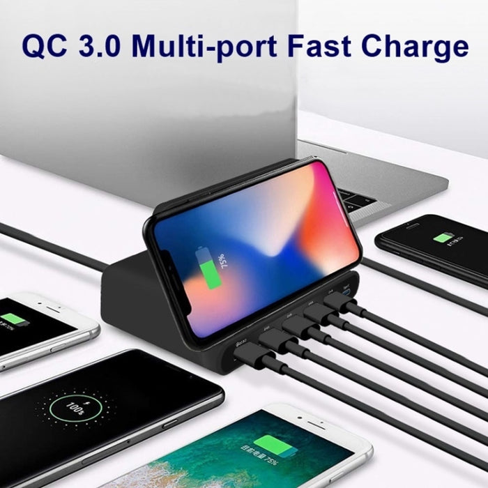 Interfaz USB 828W 7 en 1 60W QC 3.0 + 4 puertos USB + Interfaz USB-C / Tipo-C + Cargador multifunción de carga inalámbrica con función de soporte para teléfono móvil, enchufe AU