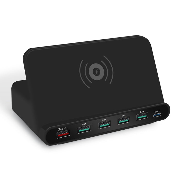 Interfaz USB 828W 7 en 1 60W QC 3.0 + 4 puertos USB + Interfaz USB-C / Tipo-C + Cargador multifunción de carga inalámbrica con función de soporte para teléfono móvil, enchufe de EE. UU.