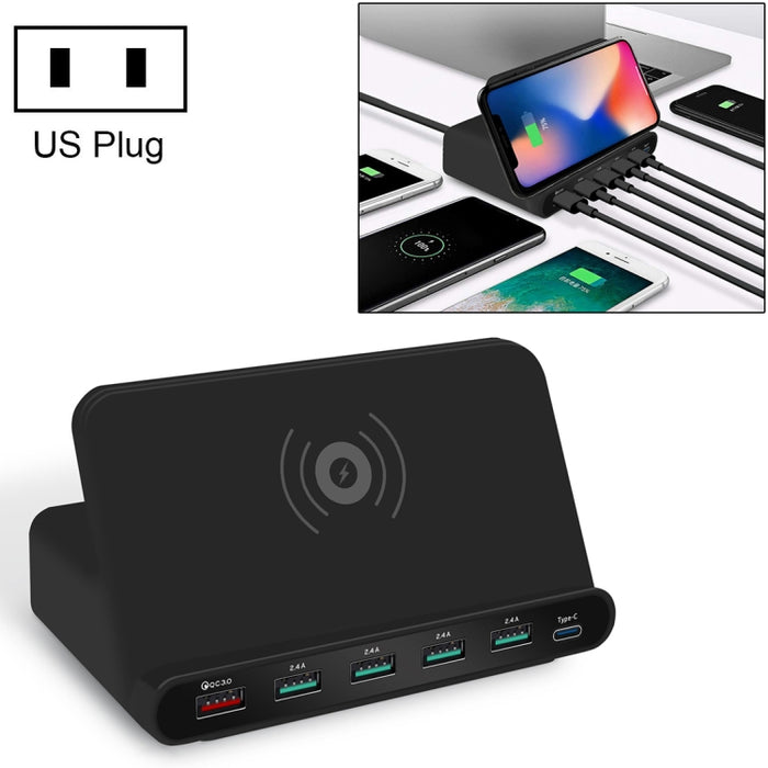 Interfaz USB 828W 7 en 1 60W QC 3.0 + 4 puertos USB + Interfaz USB-C / Tipo-C + Cargador multifunción de carga inalámbrica con función de soporte para teléfono móvil, enchufe de EE. UU.