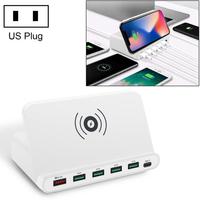 Interfaz USB 828W 7 en 1 60W QC 3.0 + 4 puertos USB + Interfaz USB-C / Tipo-C + Cargador multifunción de carga inalámbrica con función de soporte para teléfono móvil, enchufe de EE. UU.