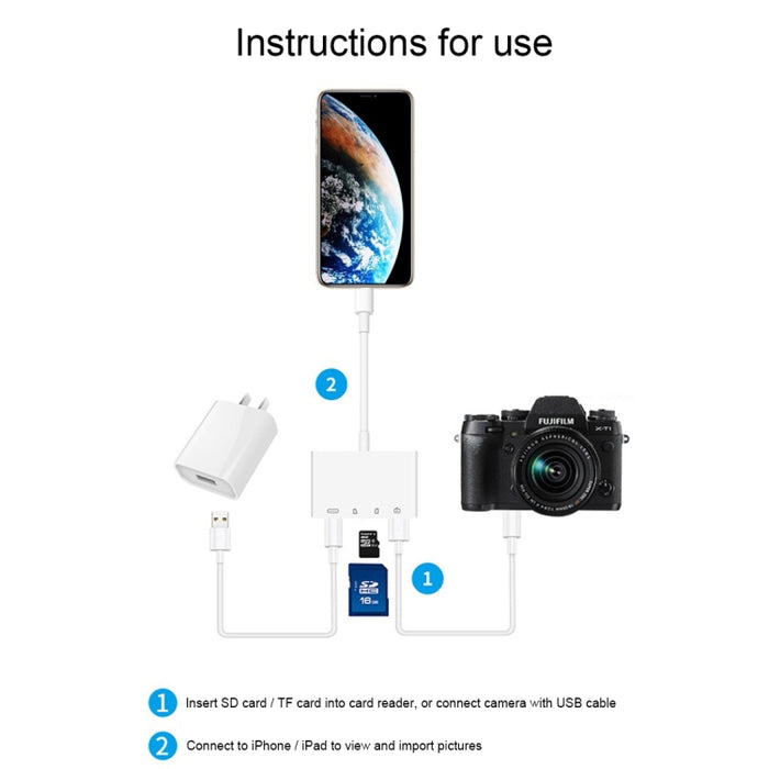 NK-108L Adaptador de lector de cámara de 8 pines a USB + tarjeta TF + tarjeta SD, compatible con sistemas IOS 9.1 y superiores