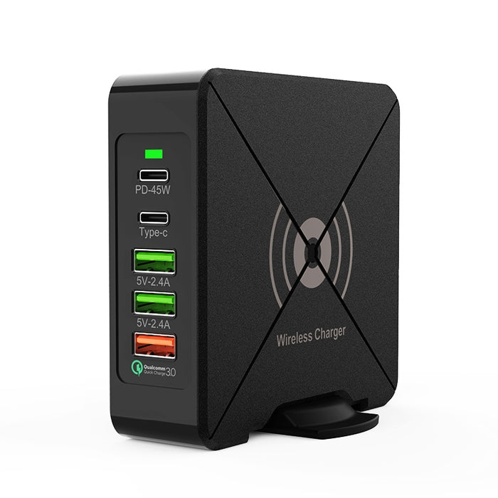 F88W 3 x USB + 2 x puertos USB-C / Type-C Cargador de escritorio QC3.0 con función de carga inalámbrica
