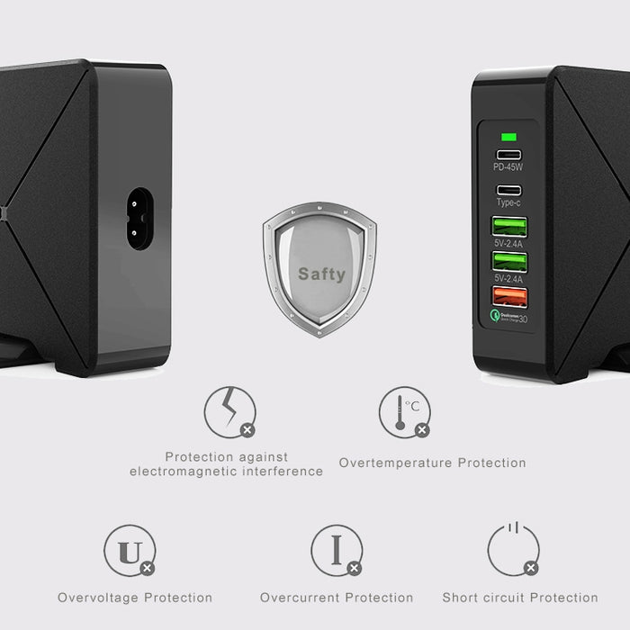 F88W 3 x USB + 2 x puertos USB-C / Type-C Cargador de escritorio QC3.0 con función de carga inalámbrica