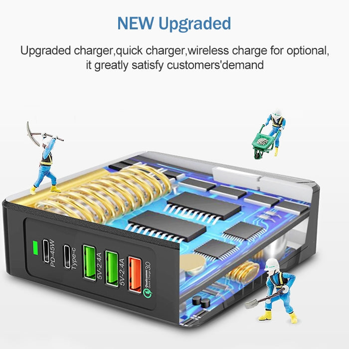 F88W 3 x USB + 2 x puertos USB-C / Type-C Cargador de escritorio QC3.0 con función de carga inalámbrica