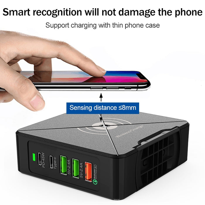 F88W 3 x USB + 2 x puertos USB-C / Type-C Cargador de escritorio QC3.0 con función de carga inalámbrica