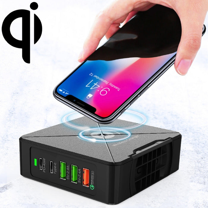 F88W 3 x USB + 2 x puertos USB-C / Type-C Cargador de escritorio QC3.0 con función de carga inalámbrica